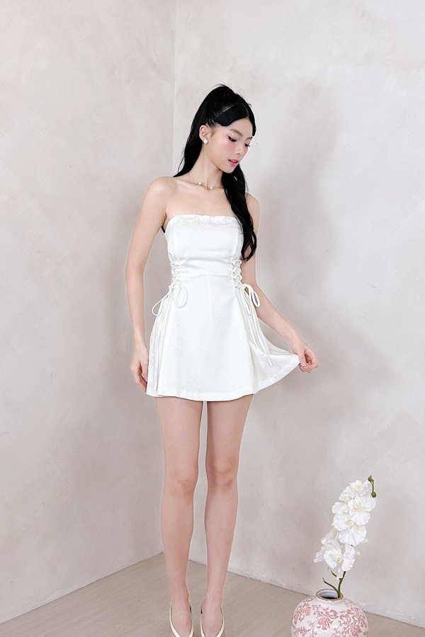 L664 Heida Straight Neckline Self Tie Side Detailing Dress Romper in Jacquard White