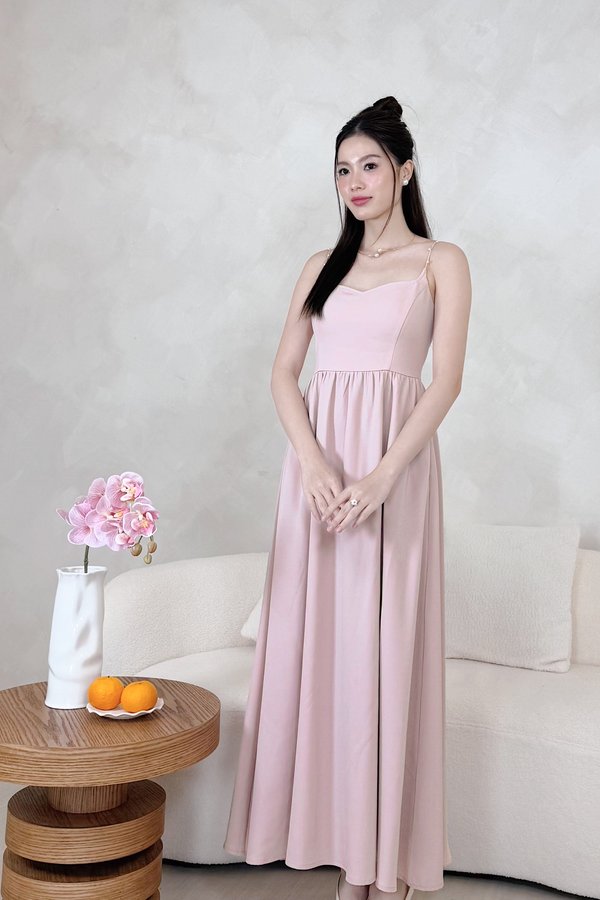 L669 Flora Queen Anne Neckline Pearl Straps Midi Dress in Dusty Pink