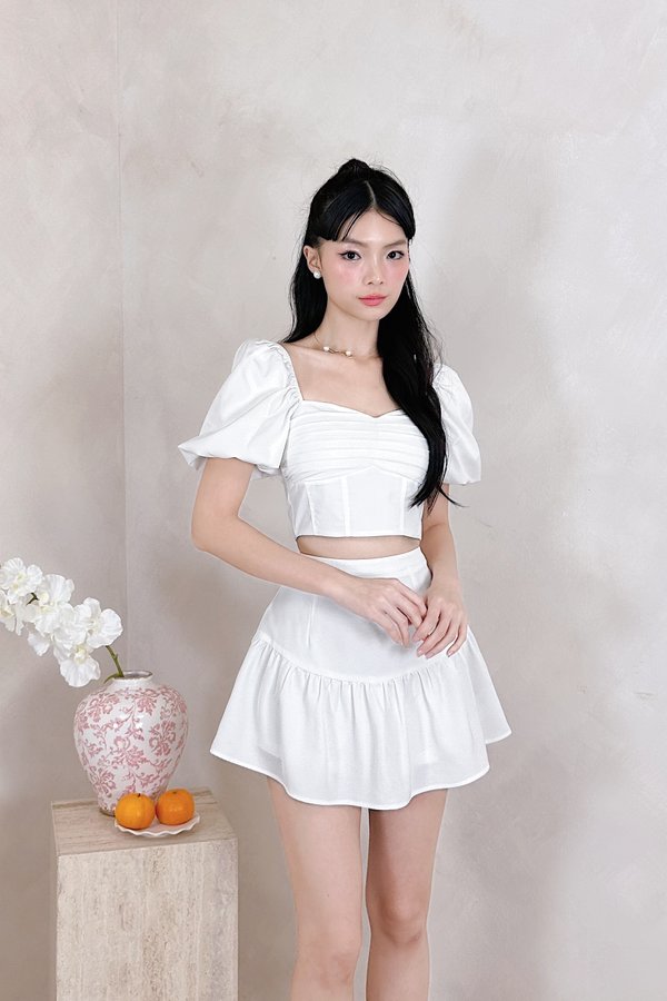 Astra Pleated Ruched Bubble Sleeve Top in White