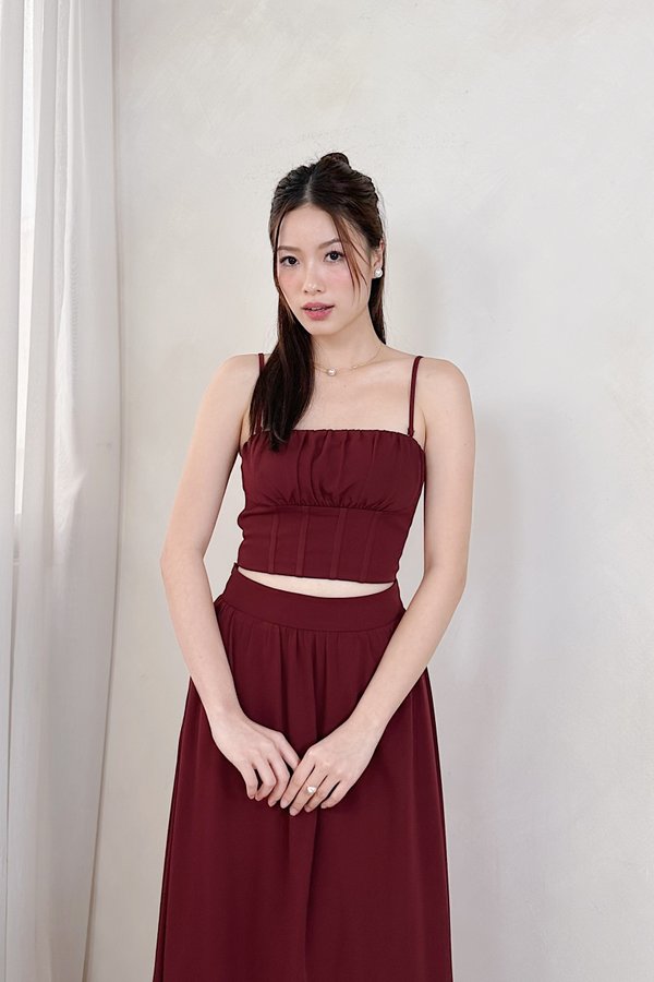 Thea Straight Neckline Pleated Corset Detailing Top in Maroon