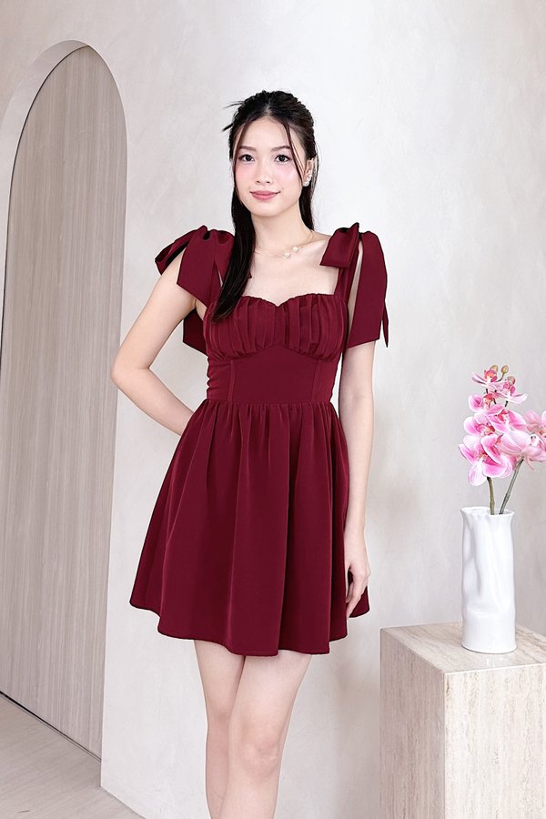 Elowen Sweetheart Neckline Self Tie Halter Dress Romper in Maroon