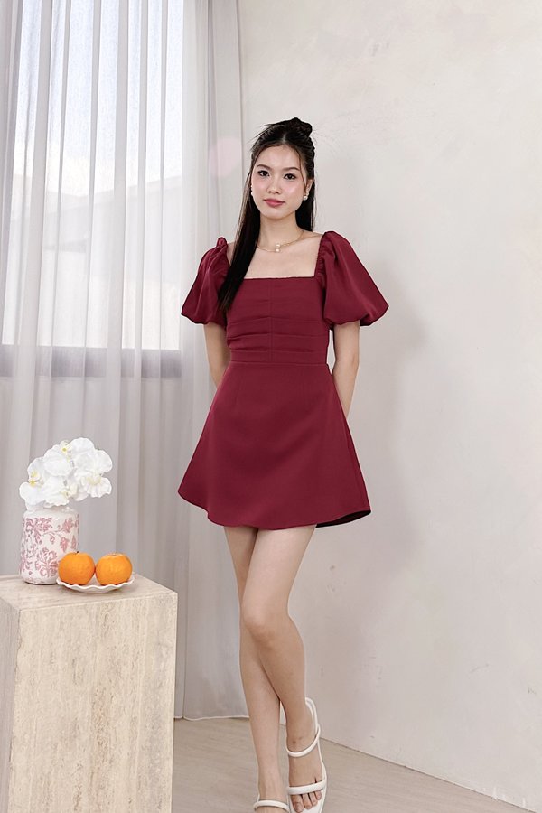 Irine Pleated Smocked Dress Romper in Maroon