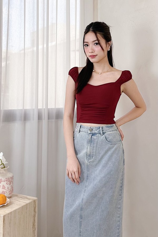 *Regular* Verina Camellia Button Denim Midi Skirt in Mid Wash