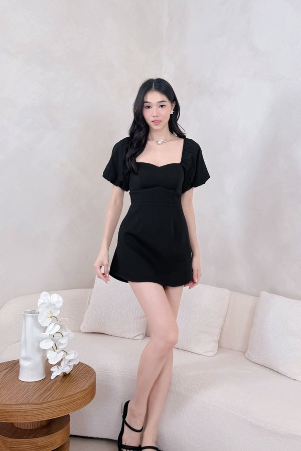 L579 Gladys Bubble Sleeve Back Ribbon Dress Romper in Black