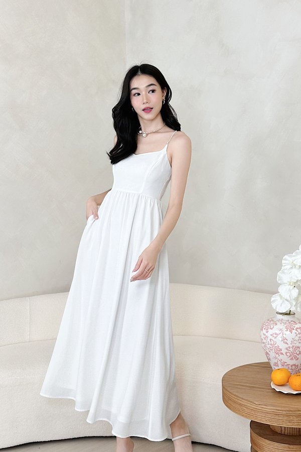 L669 Flora Queen Anne Neckline Pearl Straps Midi Dress in White