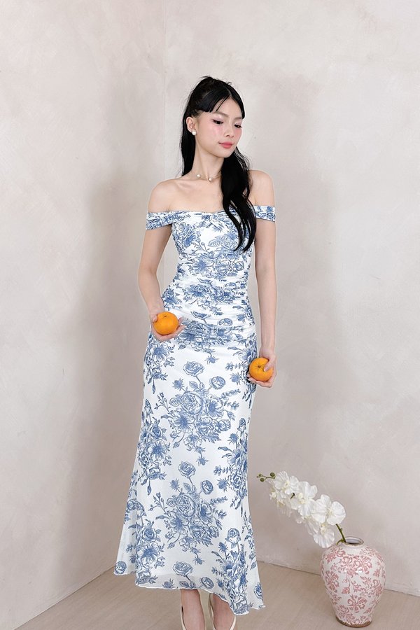 L663 Rae Mesh Midi Dress in Blue Printed Floral