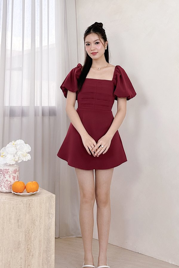 Irine Pleated Smocked Dress Romper in Maroon