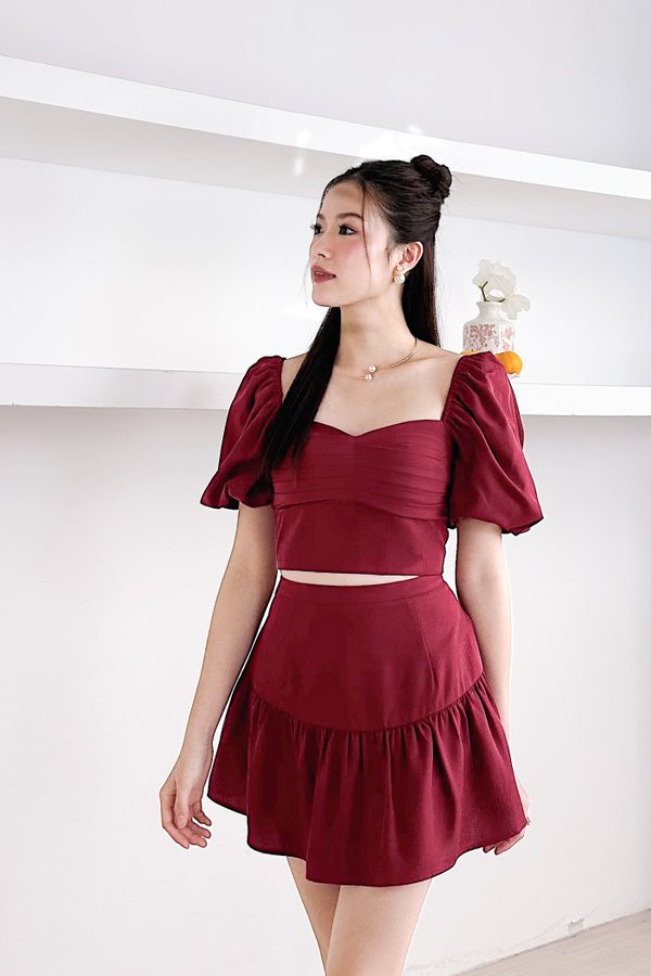 Astra Pleated Ruched Bubble Sleeve Top in Maroon