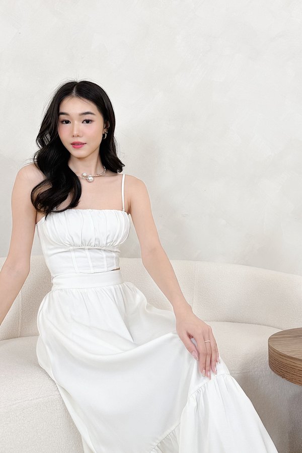 Thea Straight Neckline Pleated Corset Detailing Top in White