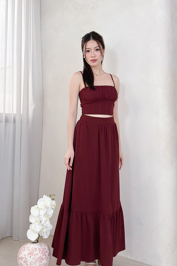 Thea Straight Neckline Pleated Corset Detailing Top in Maroon