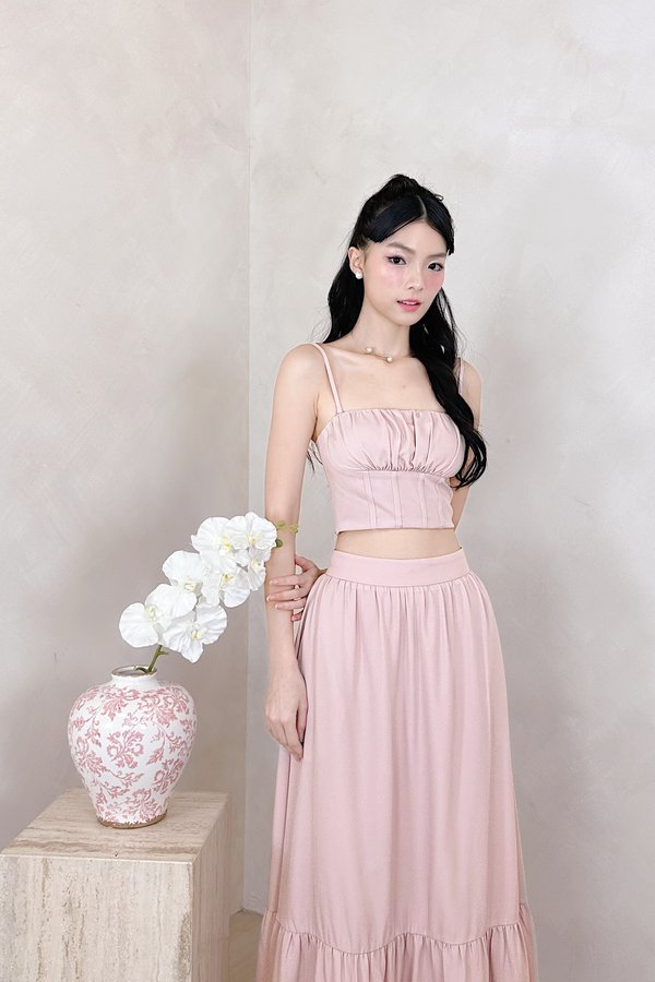 Thea Straight Neckline Pleated Corset Detailing Top in Dusty Pink