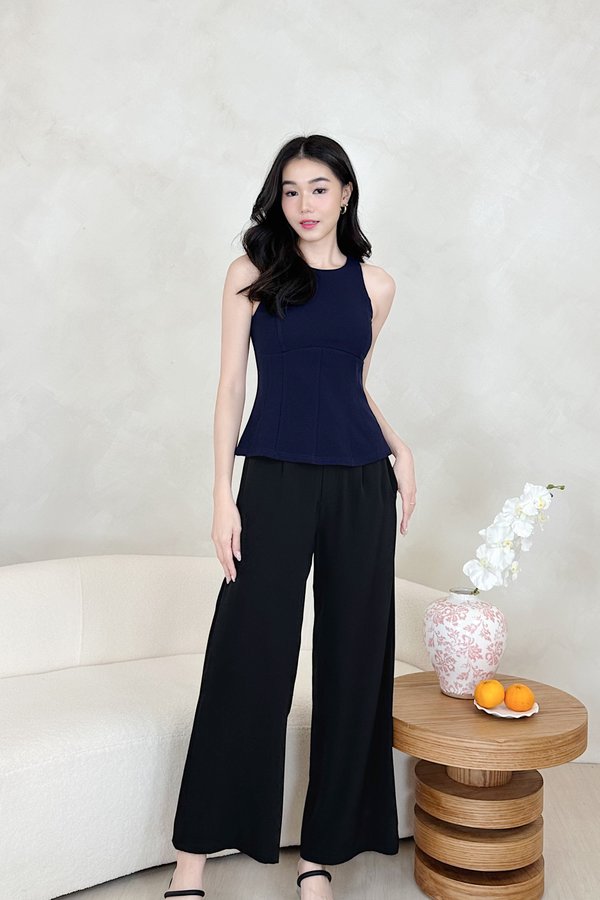 L665 Ari Round Neckline Long Top in Navy