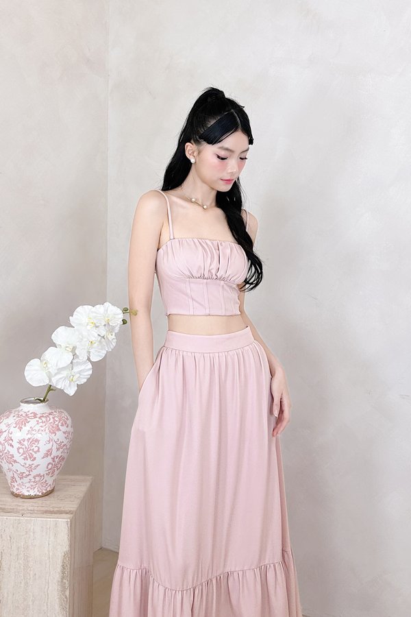 Thea Straight Neckline Pleated Corset Detailing Top in Dusty Pink