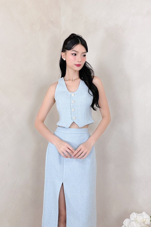 L588 Hanzel Vest Tweed Top in Blue with Silver Threads