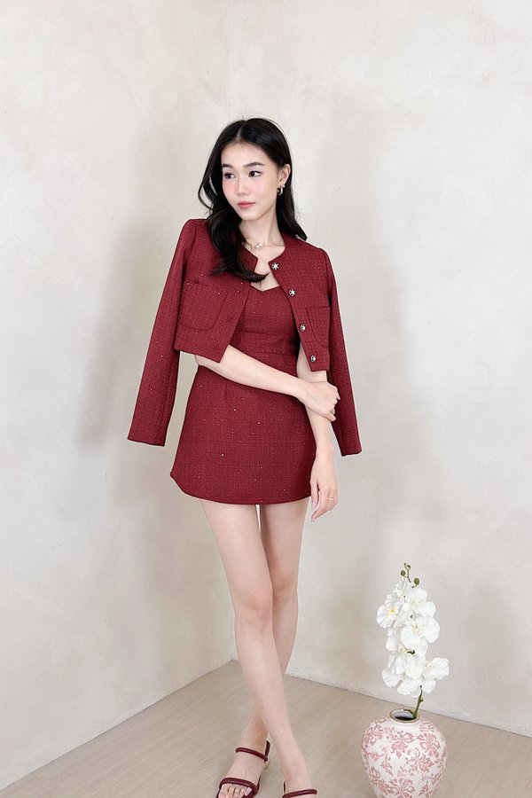 Ivie Sequin Tweed Blazer in Maroon with Silver Threads