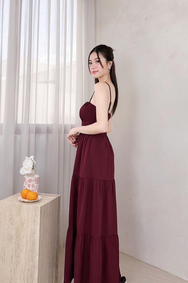 Lorelle Straight Neckline Ruched Tiered Midi Dress in Maroon