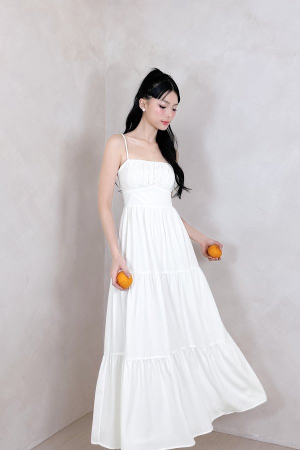 Lorelle Straight Neckline Ruched Tiered Midi Dress in White