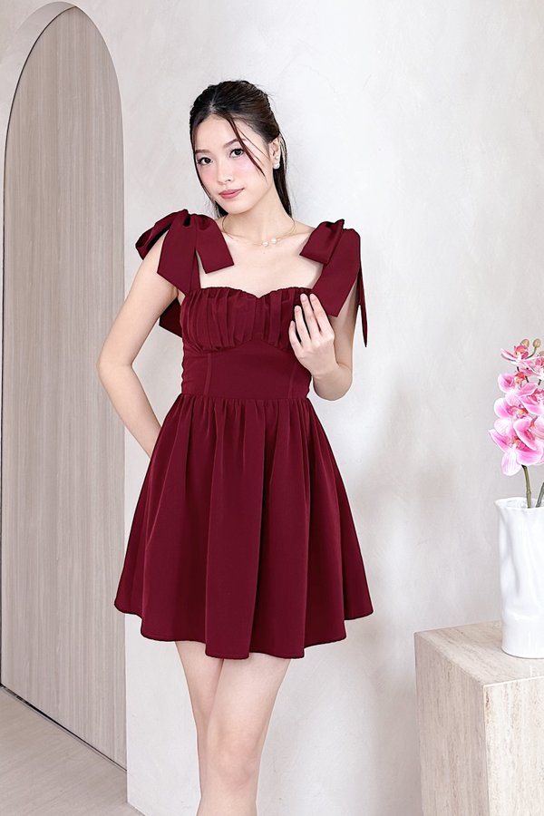 Elowen Sweetheart Neckline Self Tie Halter Dress Romper in Maroon