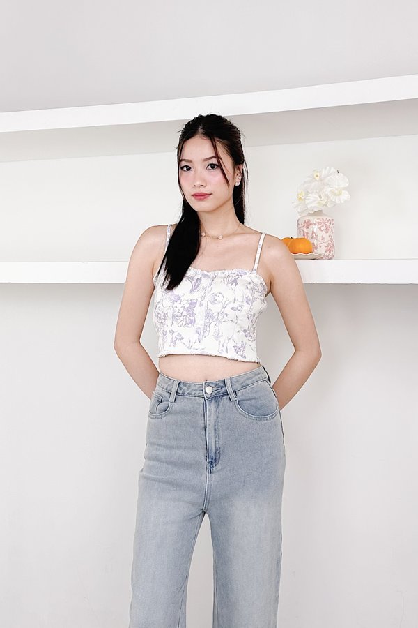 Aurelia Fray Hem Straight Neckline Denim Top in Lilac Printed Floral