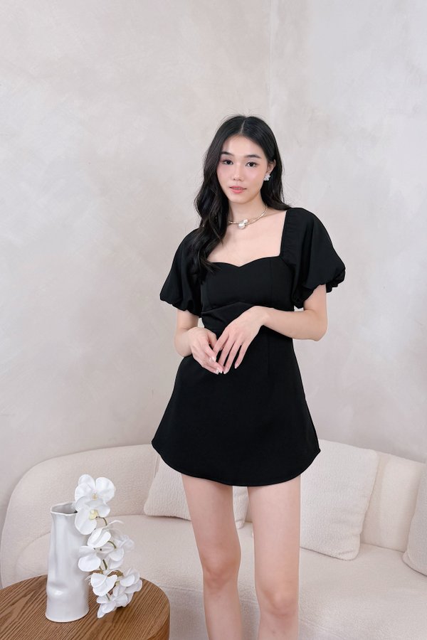 L579 Gladys Bubble Sleeve Back Ribbon Dress Romper in Black