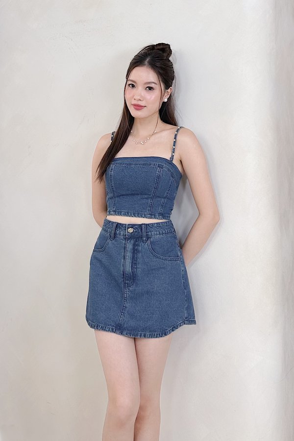 Haisley Straight Neckline Denim Top in Dark Wash