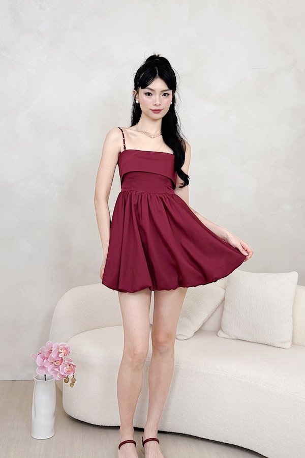 L626 Alina Overlap Panel Bubble Hem Dress Romper in Maroon