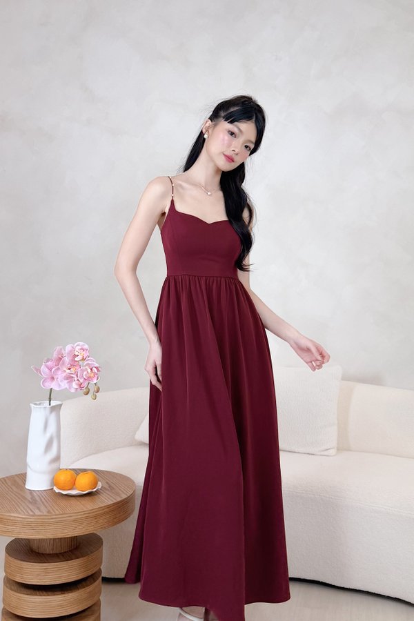 L669 Flora Queen Anne Neckline Pearl Straps Midi Dress in Maroon