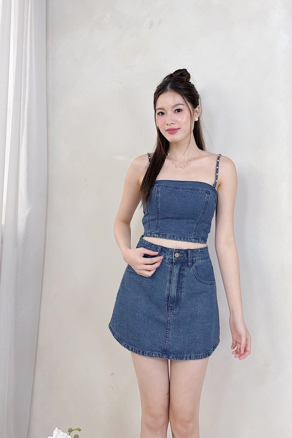 Haisley Straight Neckline Denim Top in Dark Wash