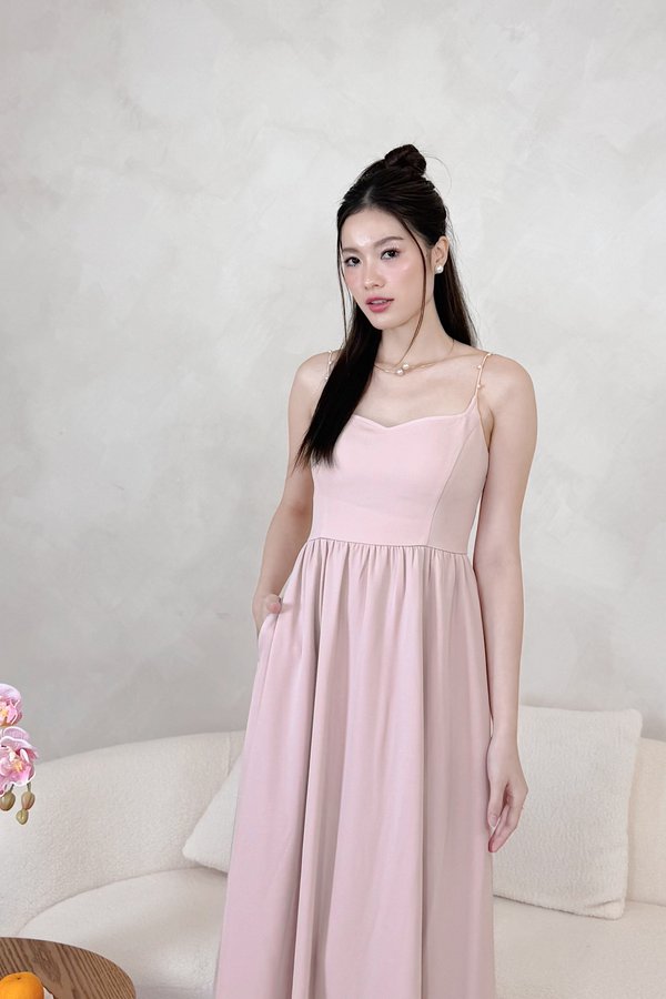 L669 Flora Queen Anne Neckline Pearl Straps Midi Dress in Dusty Pink