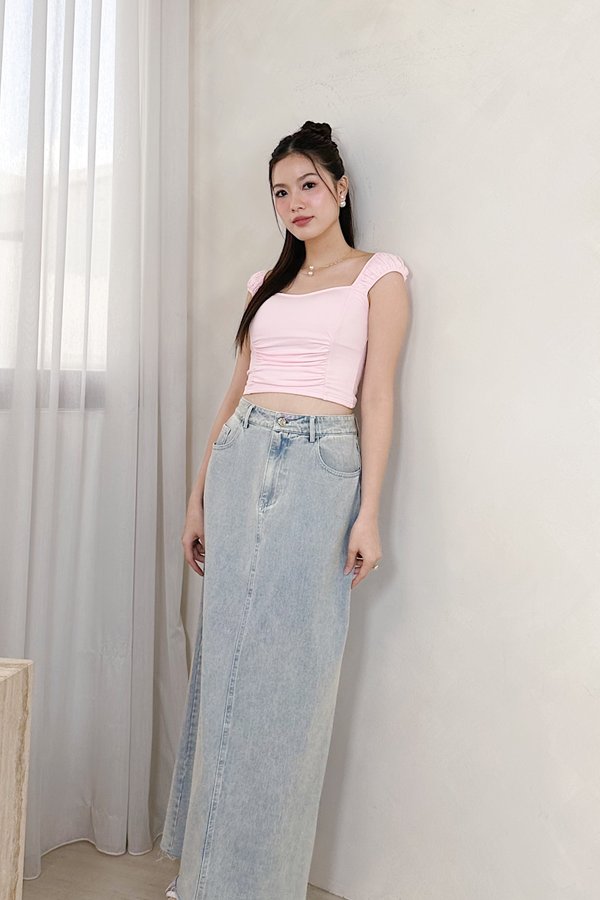 *Petite* PX3628 Verina Camellia Button Denim Midi Skirt in Light Wash