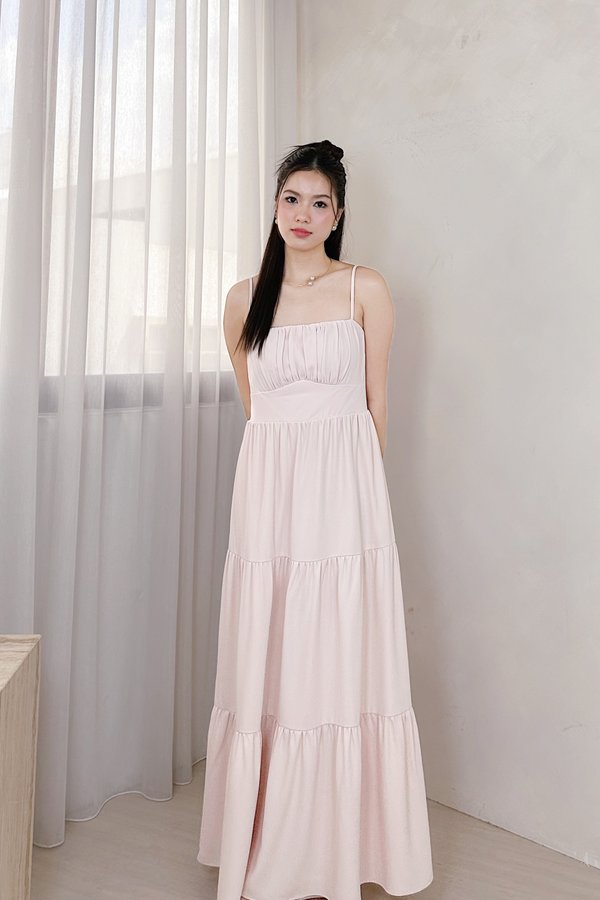 Lorelle Straight Neckline Ruched Tiered Midi Dress in Ice Pink