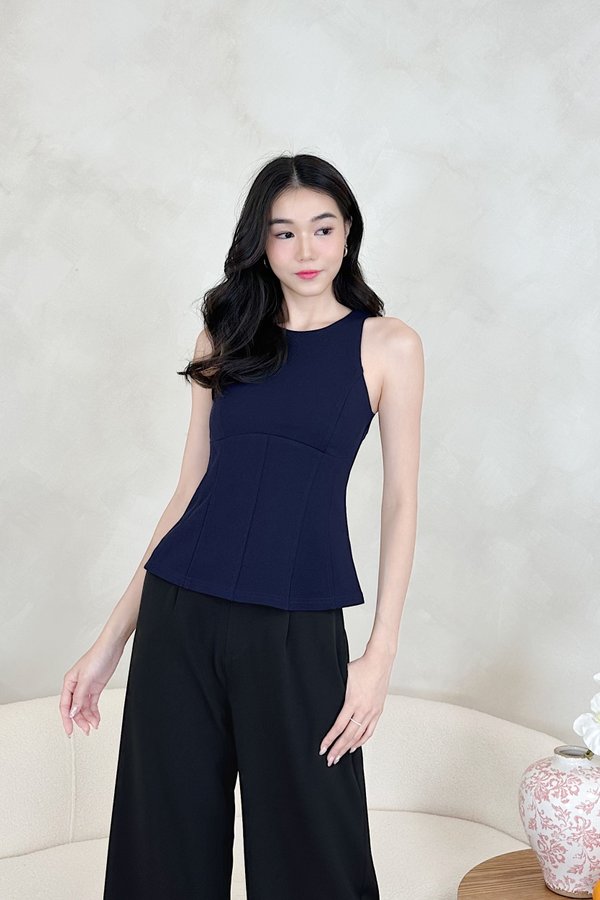 L665 Ari Round Neckline Long Top in Navy