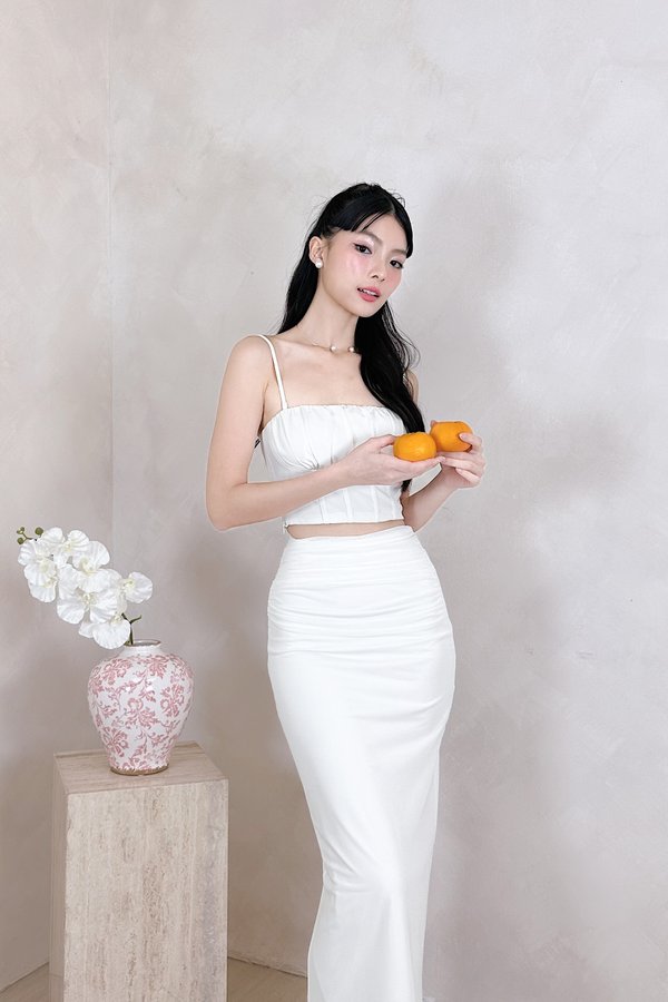 Joelle V3 Mermaid Hem Ruched Midi Skirt in White