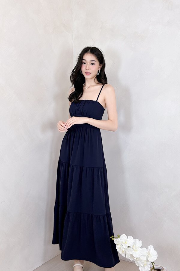 Lorelle Straight Neckline Ruched Tiered Midi Dress in Navy