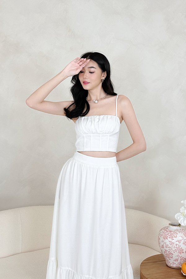 Thea Straight Neckline Pleated Corset Detailing Top in White