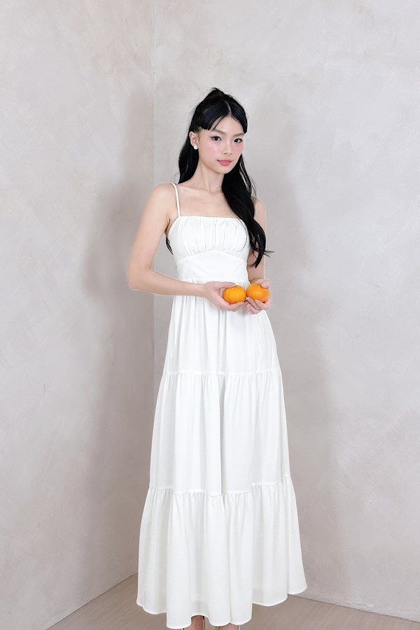 Lorelle Straight Neckline Ruched Tiered Midi Dress in White