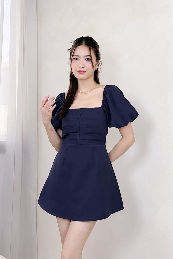 Irine Pleated Smocked Dress Romper in Navy