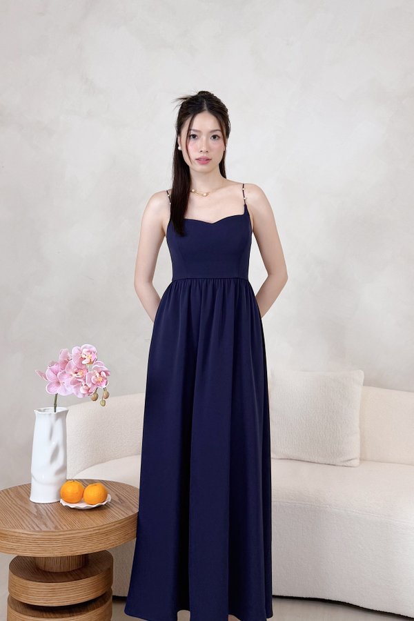 L669 Flora Queen Anne Neckline Pearl Straps Midi Dress in Navy