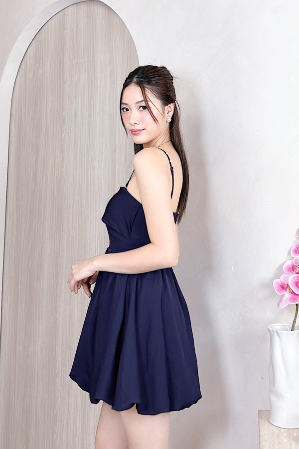 L626 Alina Overlap Panel Bubble Hem Dress Romper in Navy