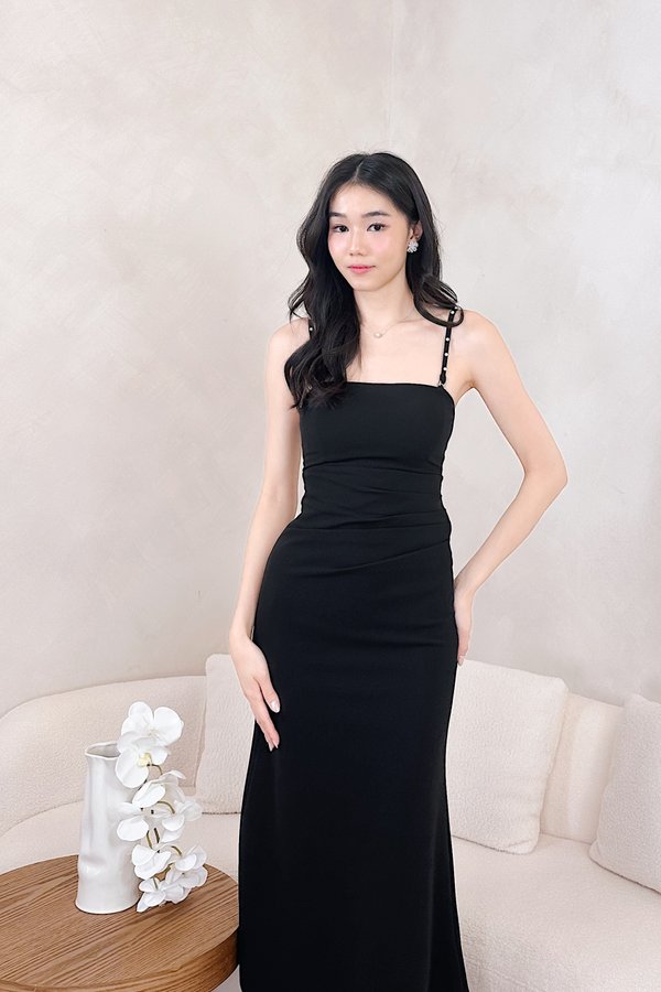 Azura Straight Neckline Ruched Midi Dress in Black