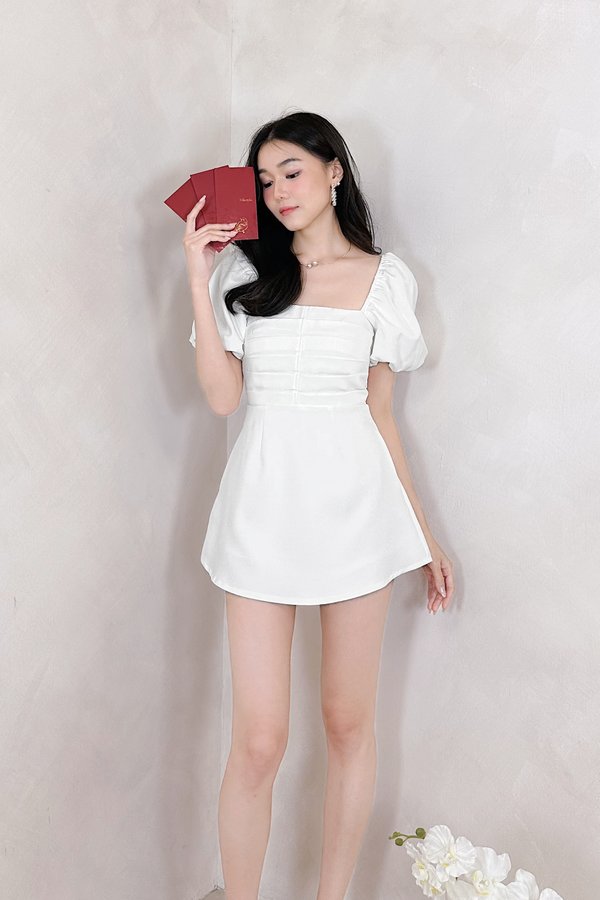 L583 Irine Pleated Smocked Dress Romper in White