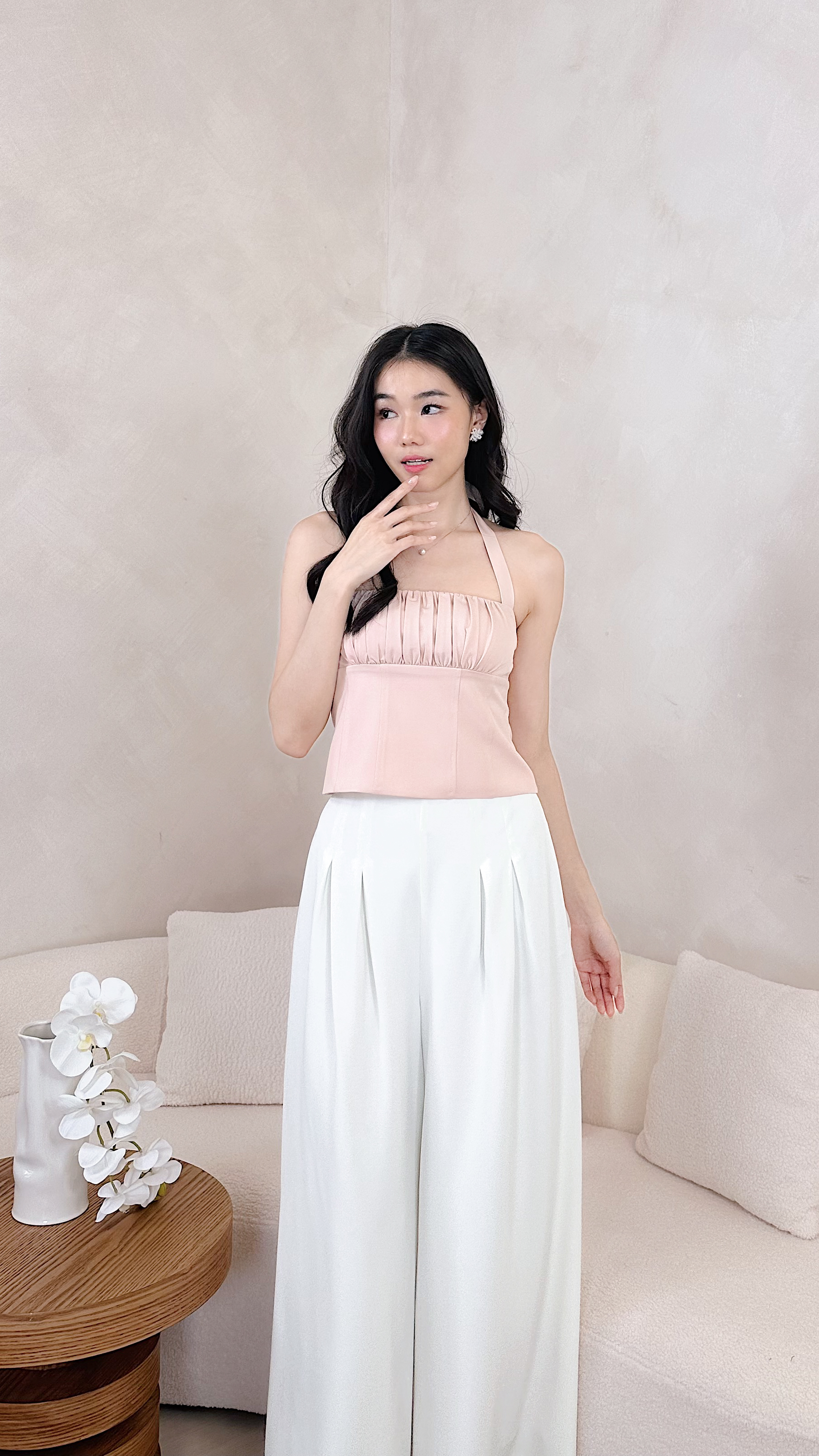 Lucie Self Tie Halter Ruched Top in Dusty Pink | Mikayla