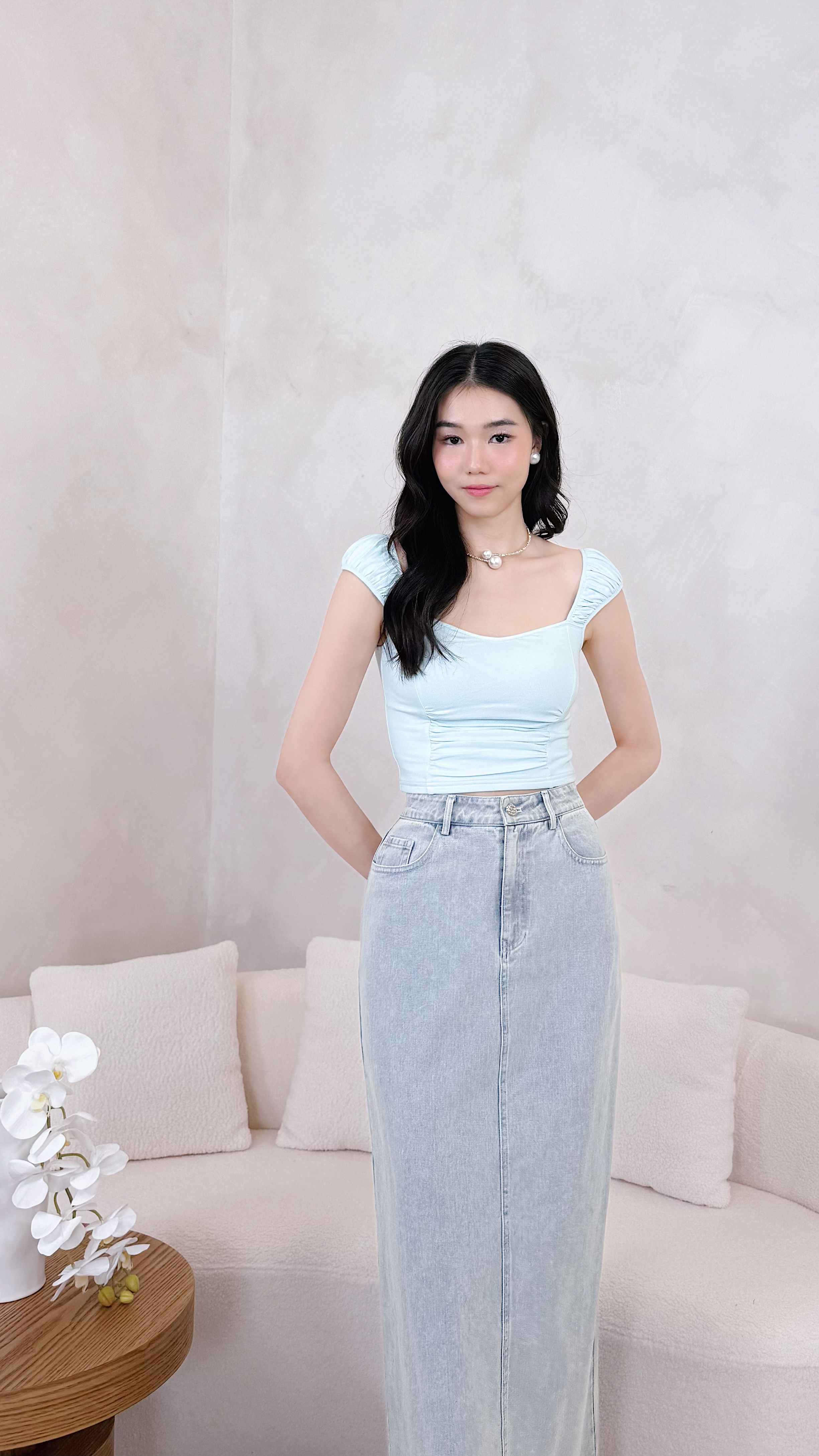 BARE/BASIC) Delphine Side Ruched Top in Baby Blue | Mikayla