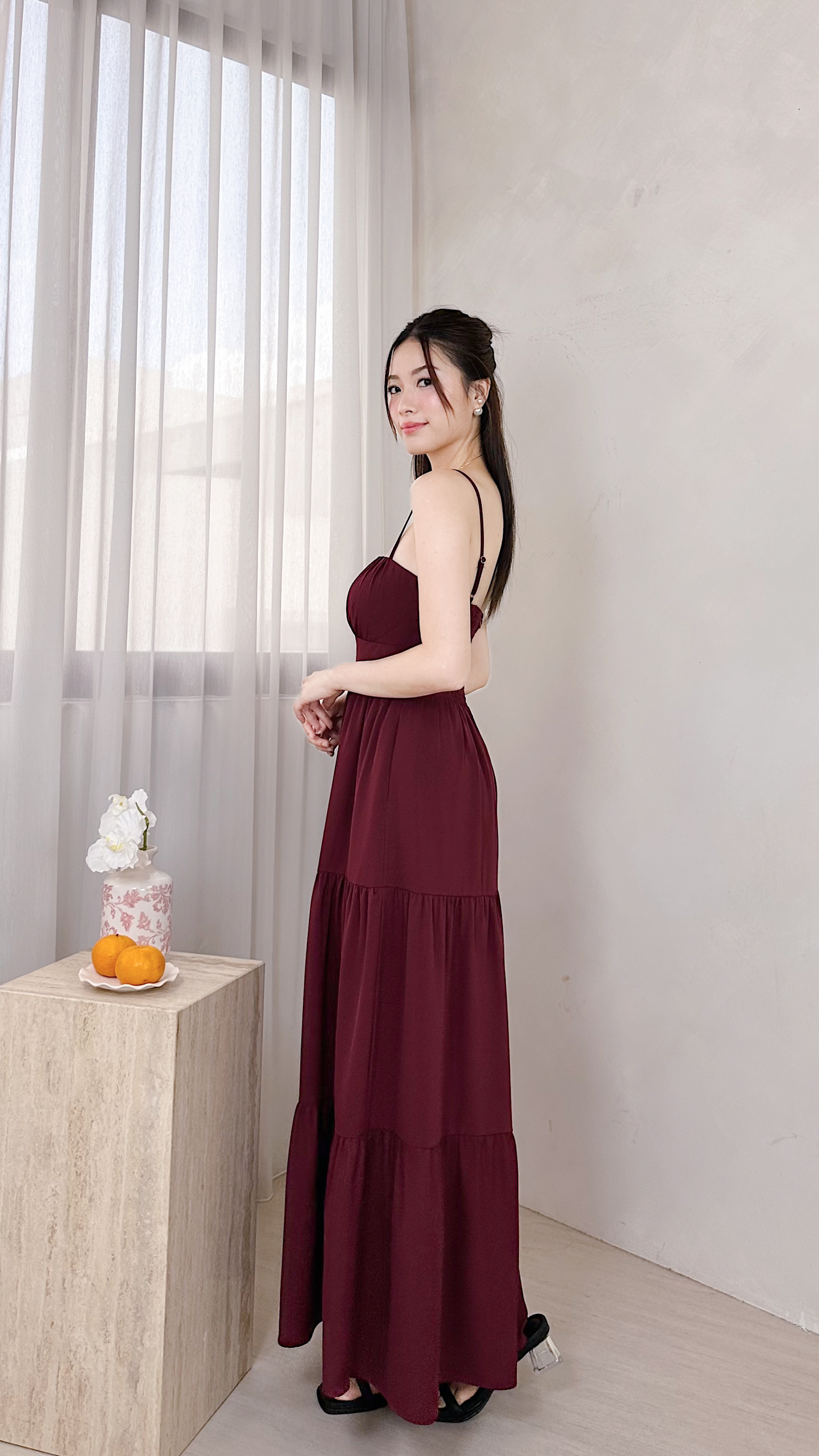 Lorelle Straight Neckline Ruched Tiered Midi Dress in Maroon | Mikayla