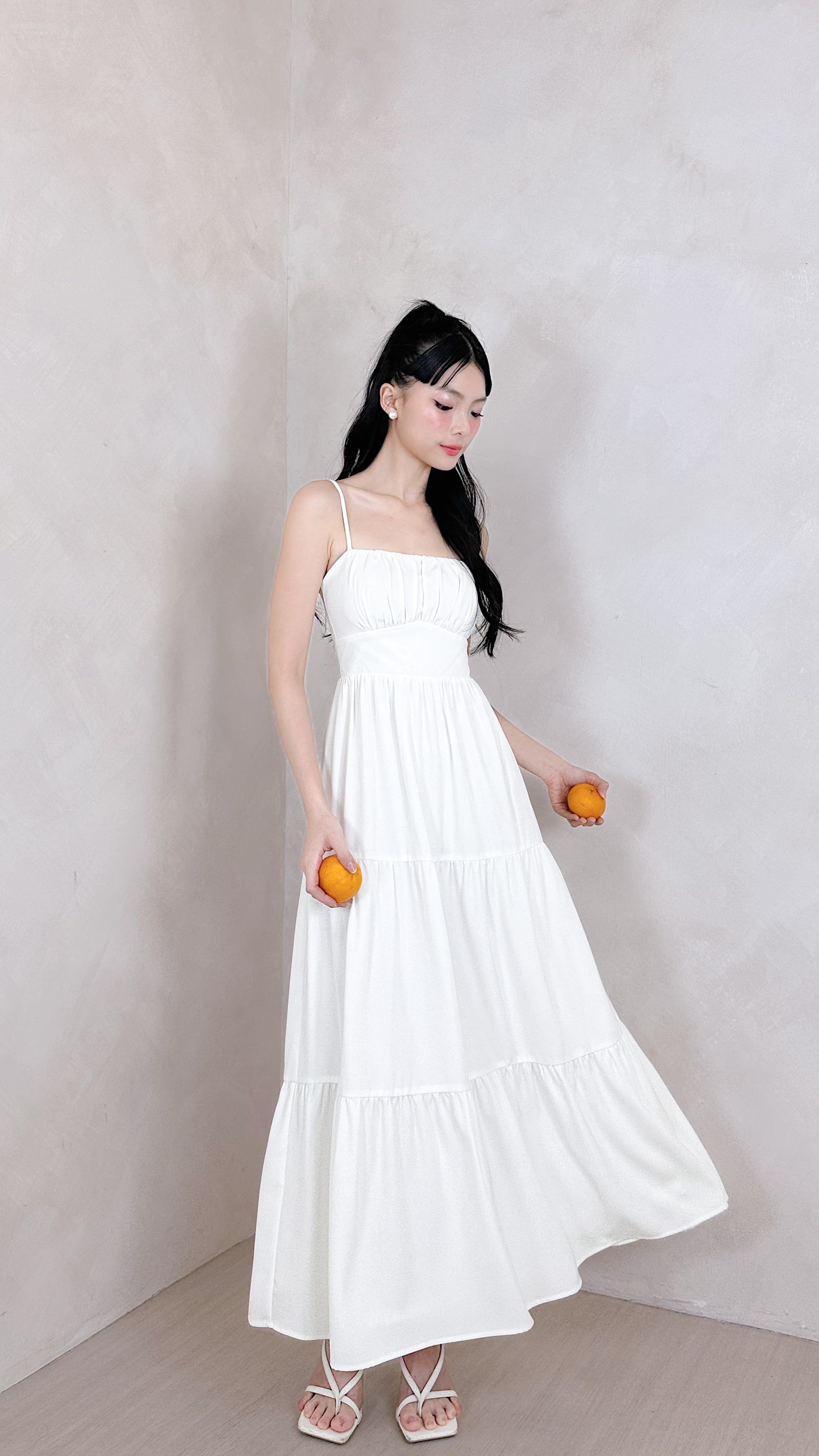 Lorelle Straight Neckline Ruched Tiered Midi Dress in White | Mikayla
