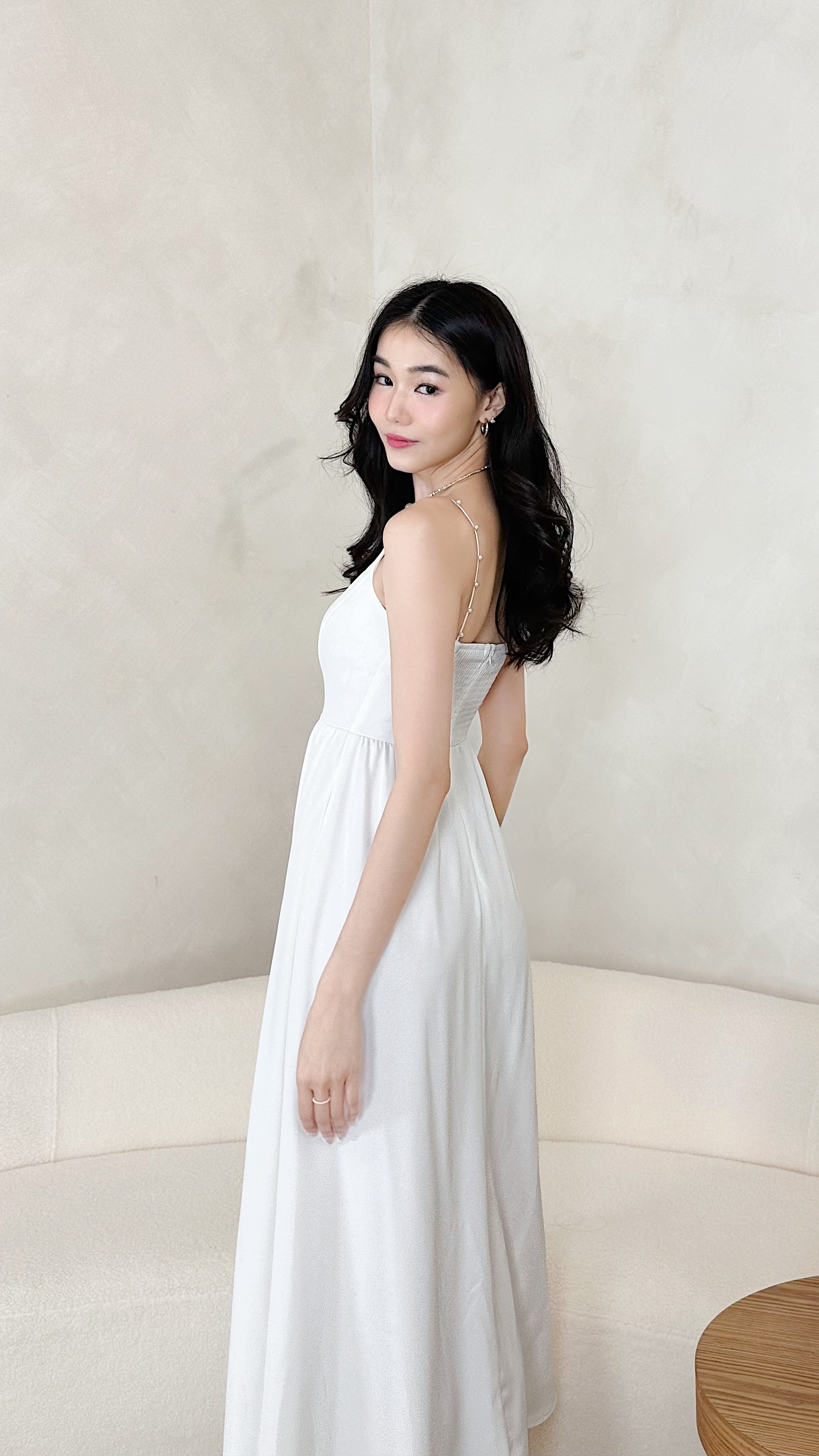 Flora Queen Anne Neckline Pearl Straps Midi Dress in White | Mikayla