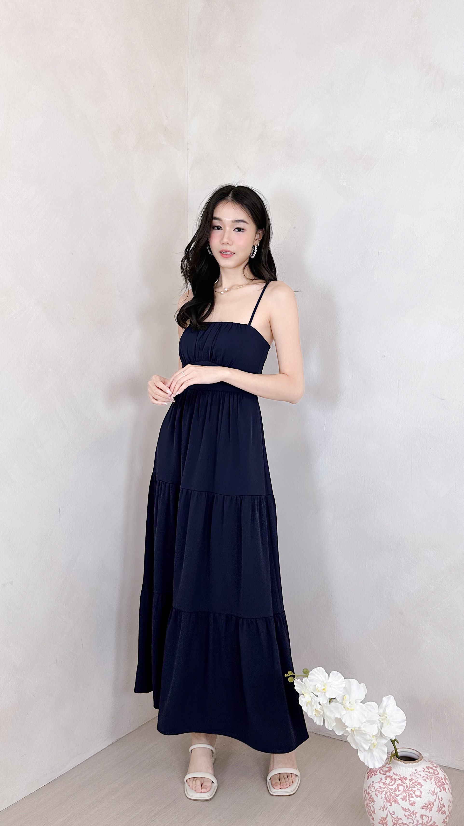 Lorelle Straight Neckline Ruched Tiered Midi Dress in Navy | Mikayla