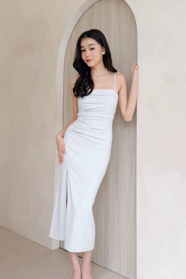 Sophiana Overlap Ruched Midi Dress in Sage Blue