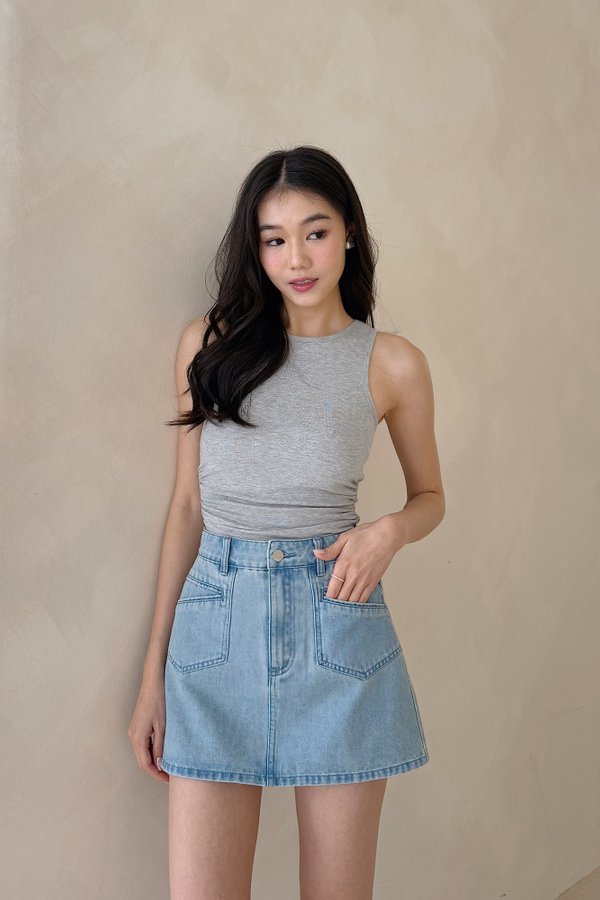 (BARE/BASIC) Marisa Racer Side Ruched Top in Light Grey