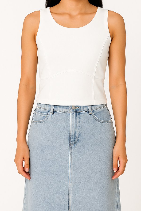 (BARE/BASIC) Florina Round Neck Side Ruched Top in White